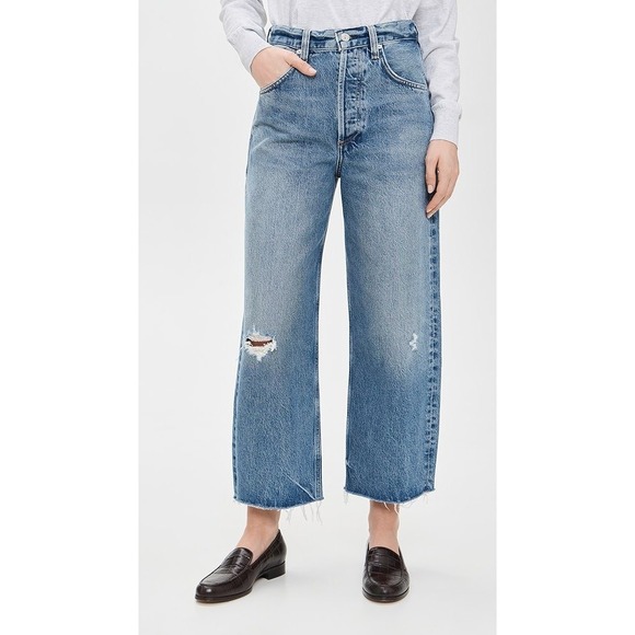 Citizens Of Humanity Denim - Citizens of Humanity Wide Leg Jeans Distressed Cropped Raw Hem Blue Wash Size 30